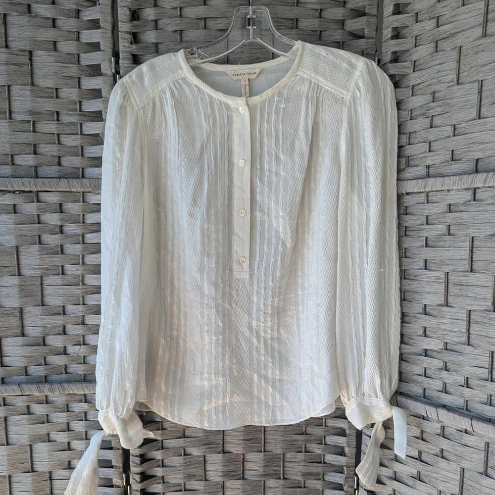 Rebecca Taylor White Textured Tie Cuff 100% Silk Pleated Blouse Semi Sheer‎ Sz 6